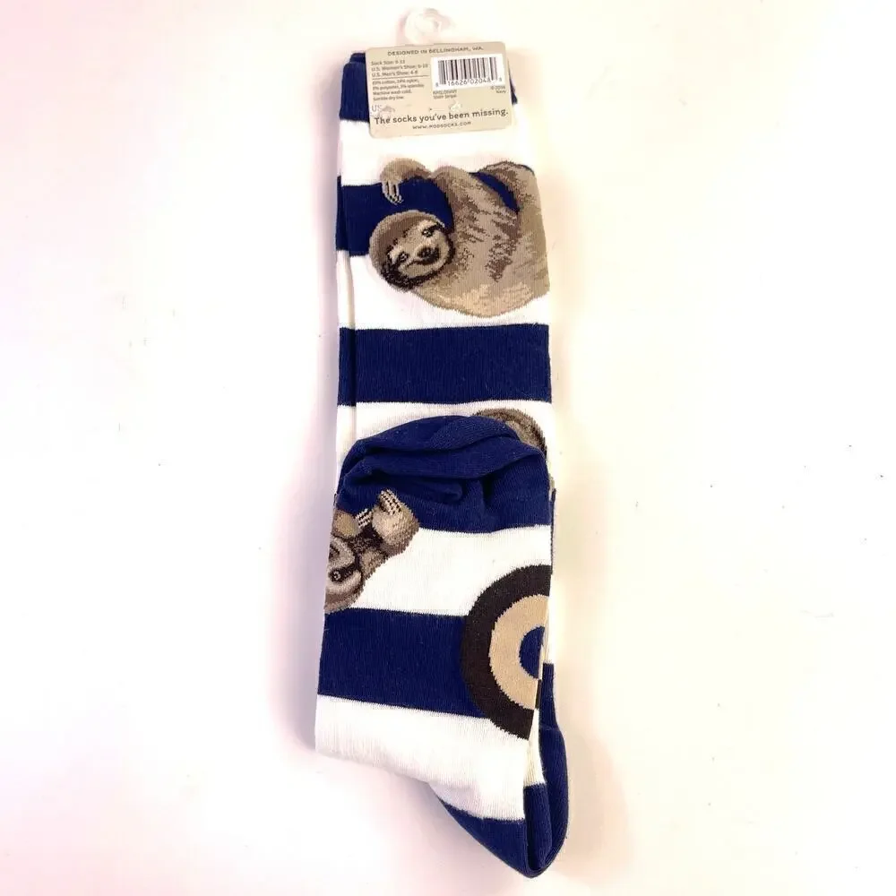 Mod Socks Women's Sloth Stripe Knee High Socks White Blue Size 9-11 Shoe 6-10
